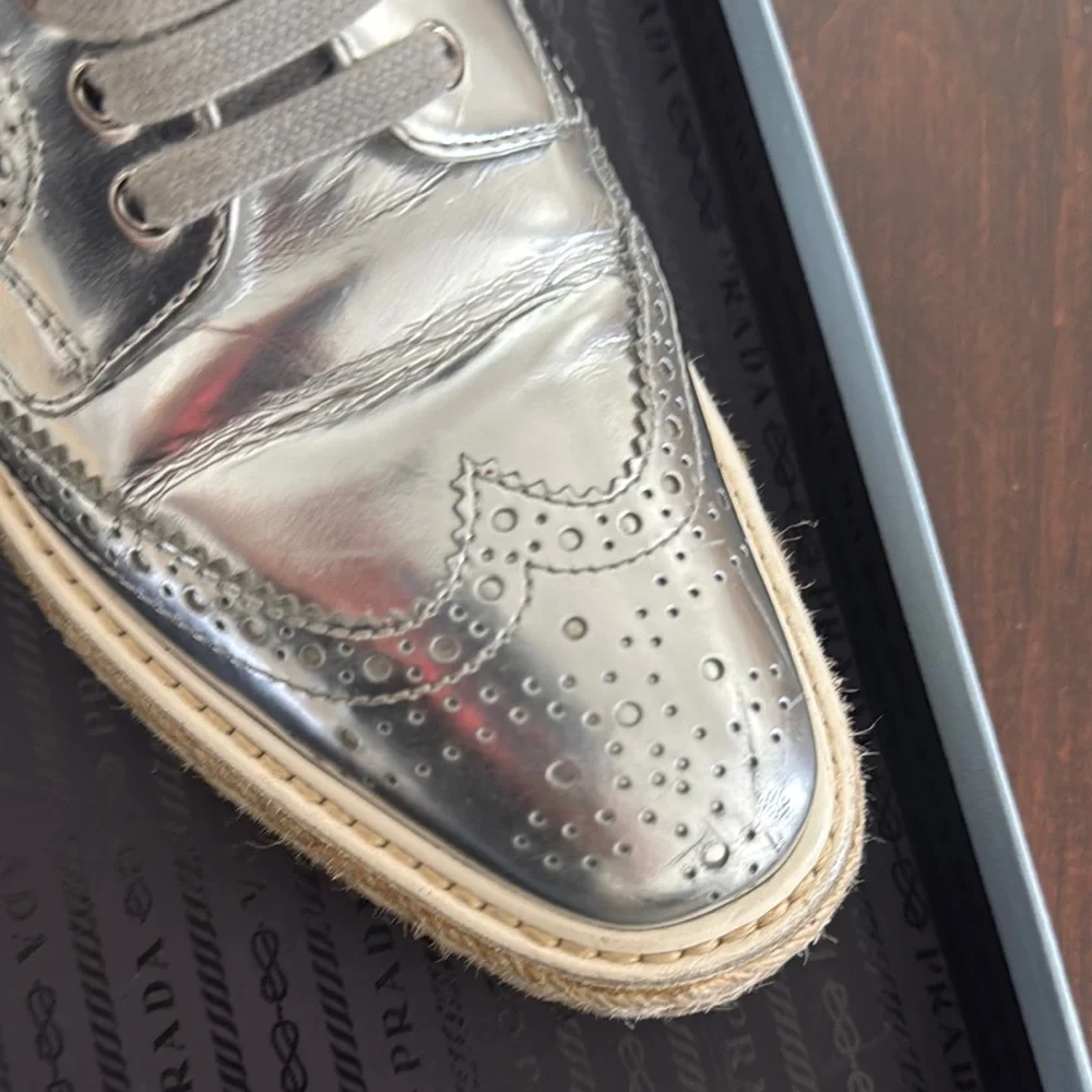 Prada Metallic Silver Espadrille Shoes